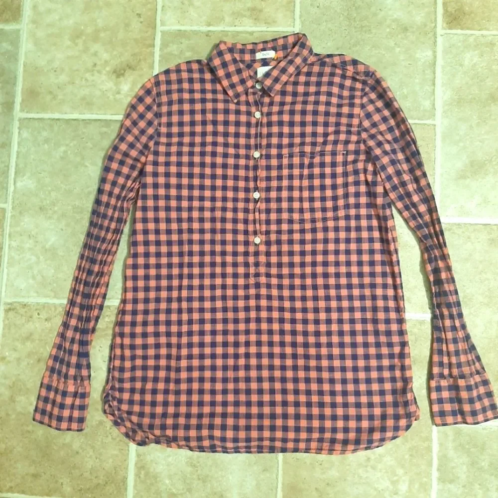 J. Crew Pink Navy Blue Gingham Checker Quarter Button Up Long Sleeve Shirt XS